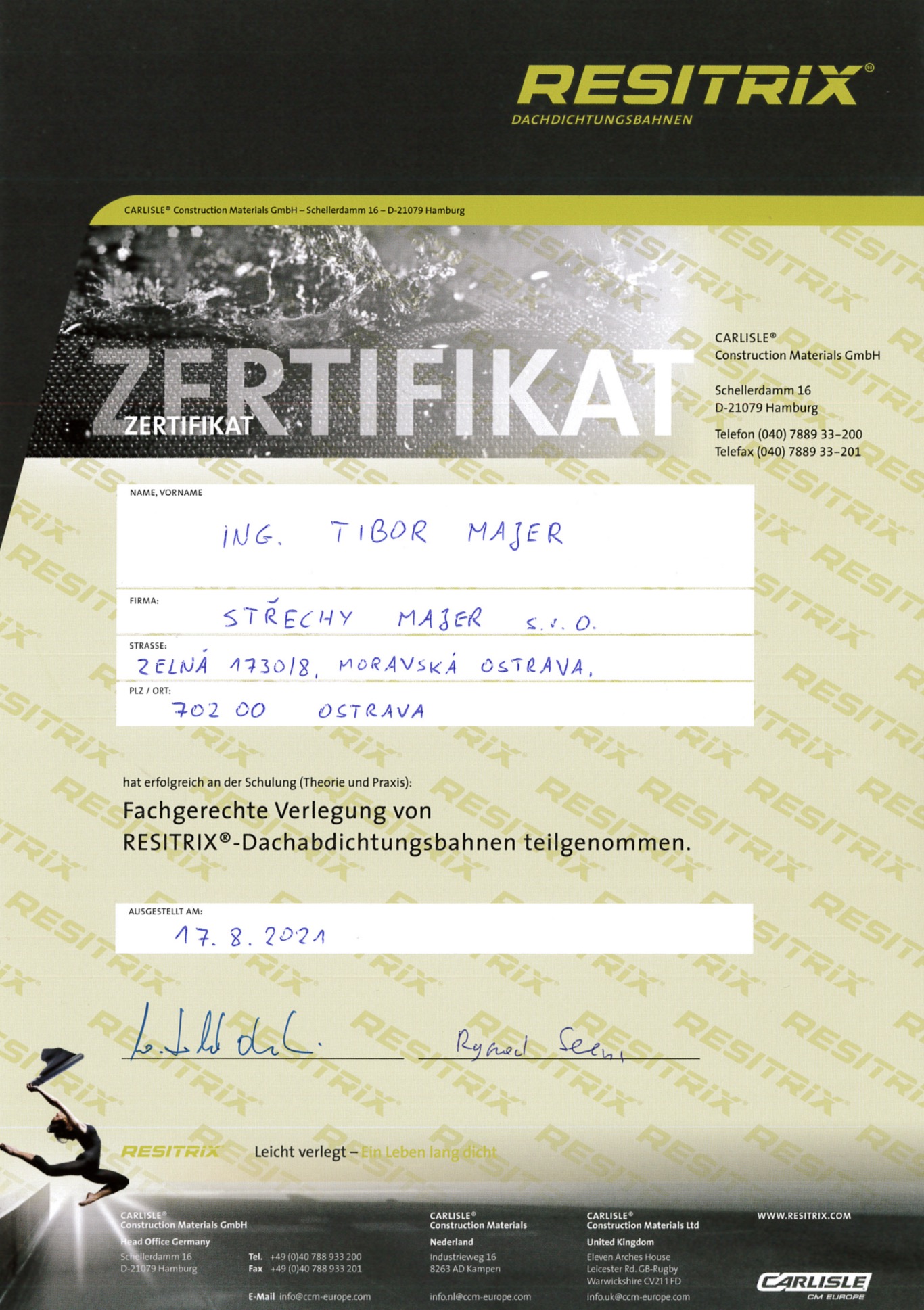 Certifikované proškolení STŘECHY MAJER pro hydroizolační systém RESITRIX®