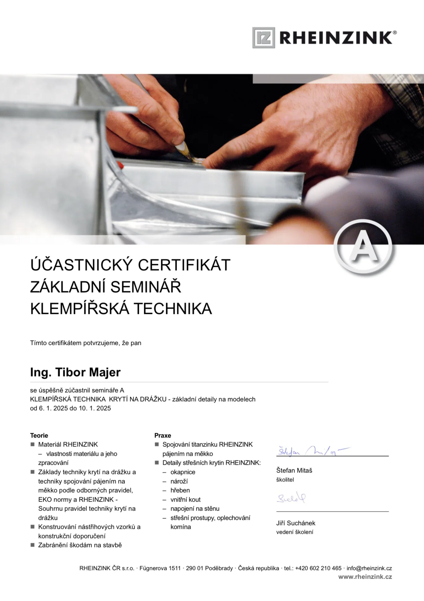 Certifikát Rheinzik za absolvování praktického školení