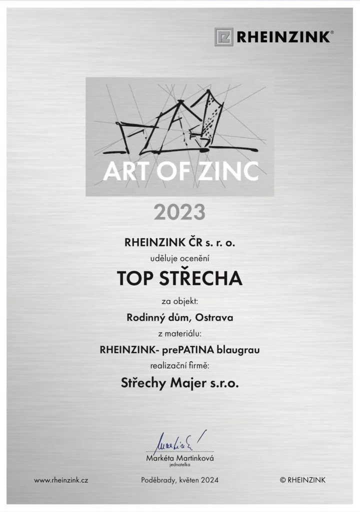 Diplom RHEINZINK Art of Zinc 2023 – TOP STŘECHA
